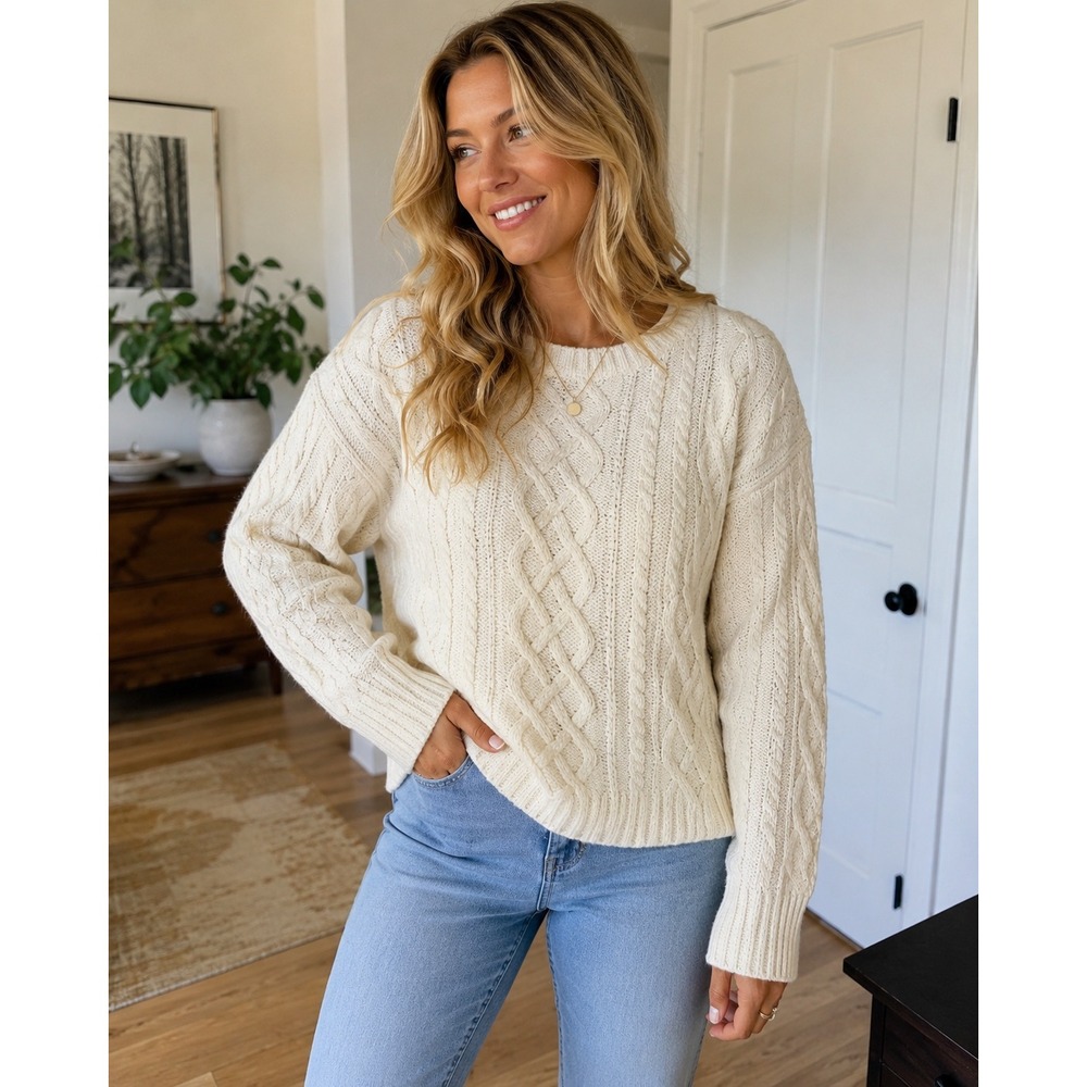 Banana Republic Cream Cable Knit Wool Blend Sweater Womens Small Crew Neck White